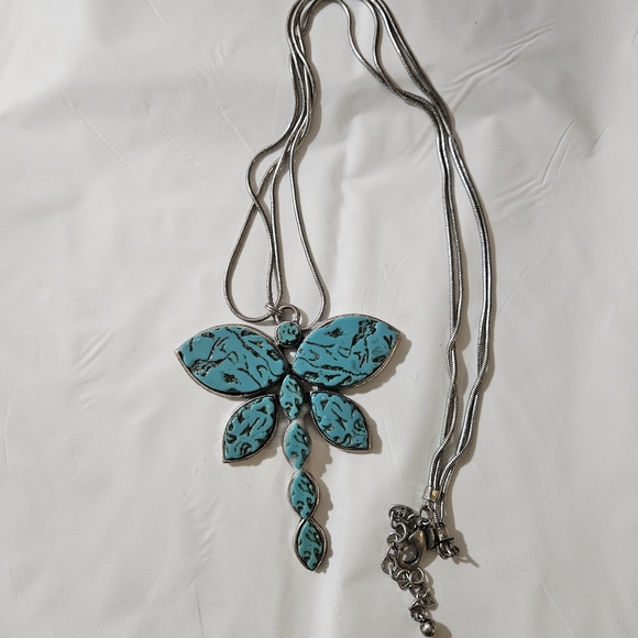 Chico's Huge Turquoise Dragonfly Southwest Piece Adjustable Strap Necklace - Picture 2 of 3